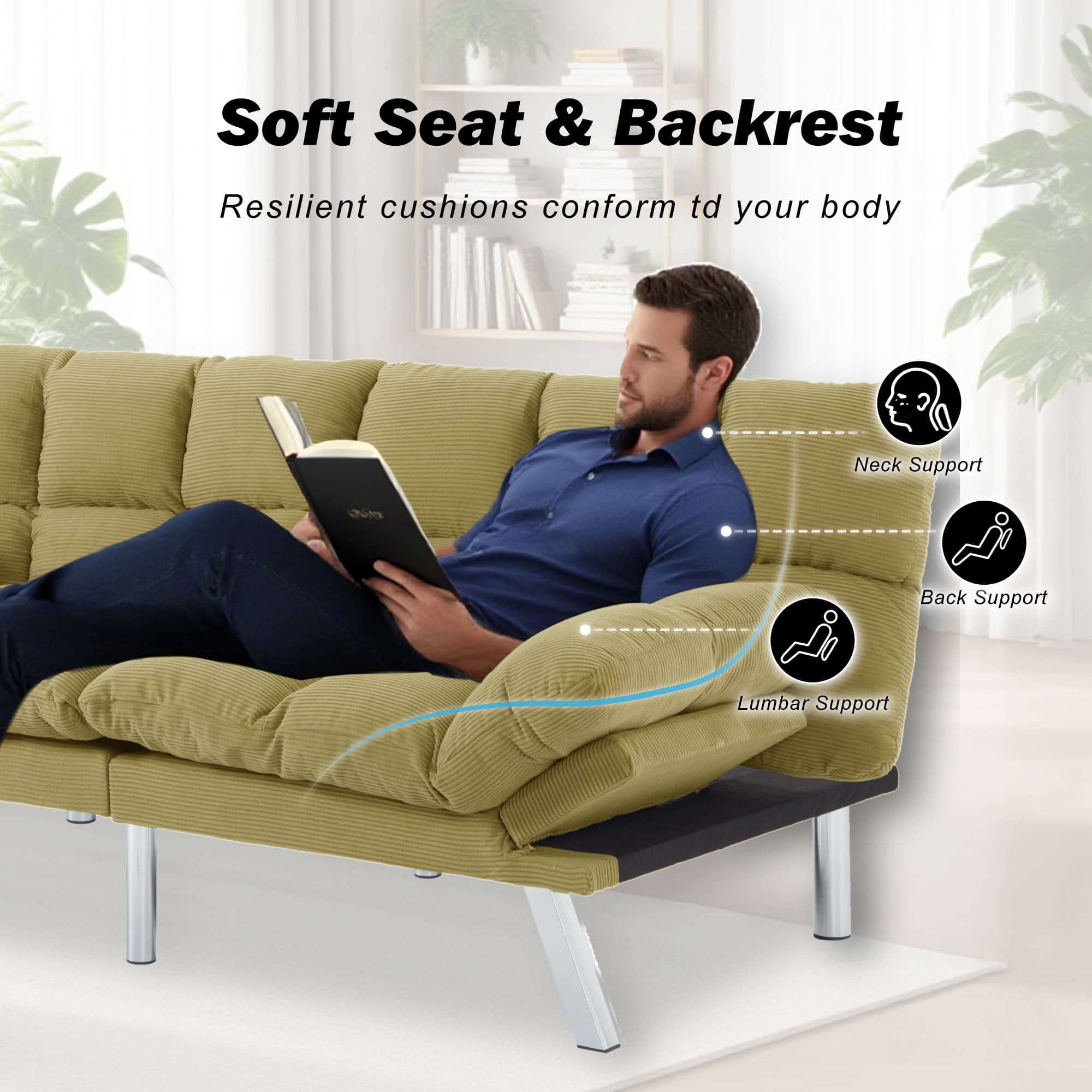 BSHTI Corduroy Futon Sofa Bed, 67.3" 3 in 1 Convertible Sofa Bed with Adjustable Armrests, Split-Back Design, Loveseat Sofabed for Apartment, Living Room, Office(Yellow)