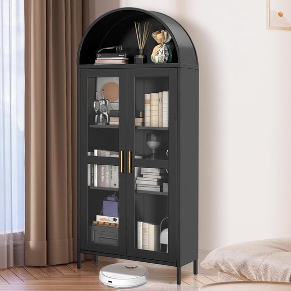 EastVita 73 Inch Arched Metal Storage Cabinet with Glass Door2 Adjustable Shelves Black​​