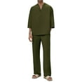 thumbnail image 2 of QATAINLAV Men's 3/4 Sleeve 2 Piece Vacation Outfits Casual V Neck Henley Shirts and Wide Leg Pants Matching Sets Vacation Clothes, Army Green, S, 2 of 9
