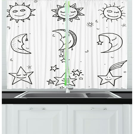 Hand Painted Nursery Furniture Sketchy Curtains 2 Panels Set, Hand Drawn Image of Sun Moon Stars Emoji Kids Nursery Room Art Print Image, Window Drapes for Living Room Bedroom, 55W X 39L Inches, Black and White, by Ambesonne ()