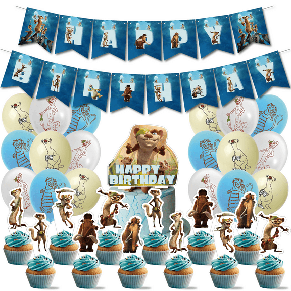 32 Pcs For Ice Age Theme Birthday Party Decorations,With 13 Cupcake Toppers,1 Happy Birthday Banner Garland,18 Balloons for Party Decorations