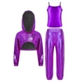 thumbnail image 4 of Hansber Kids Girls Shiny Metallic Hoodie Crop Top with Cami Vest and Pants Hip Hop Jazz Dance Outfit Purple 6, 4 of 7