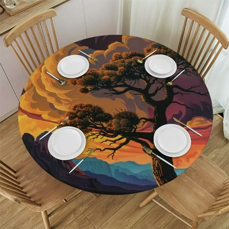 

Autua Tree Mountains Round Table Cover Stain Resistant Washable Indoor Outdoor Tablecloth Kitchen Dining Wedding Parties 100% Polyester Outdoor Fitted Washable Home Kitchen Outdoor Decoration 42 -46