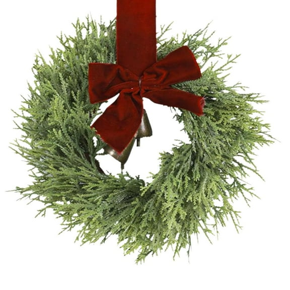 Mini Christmas Cabinet Wreath for Kitchen with Velvet Ribbon Bows and Bell, Christmas Small Hanging Artificial Pine Needle Winter Wreath for Home Front Door Wall Fireplace Decoration