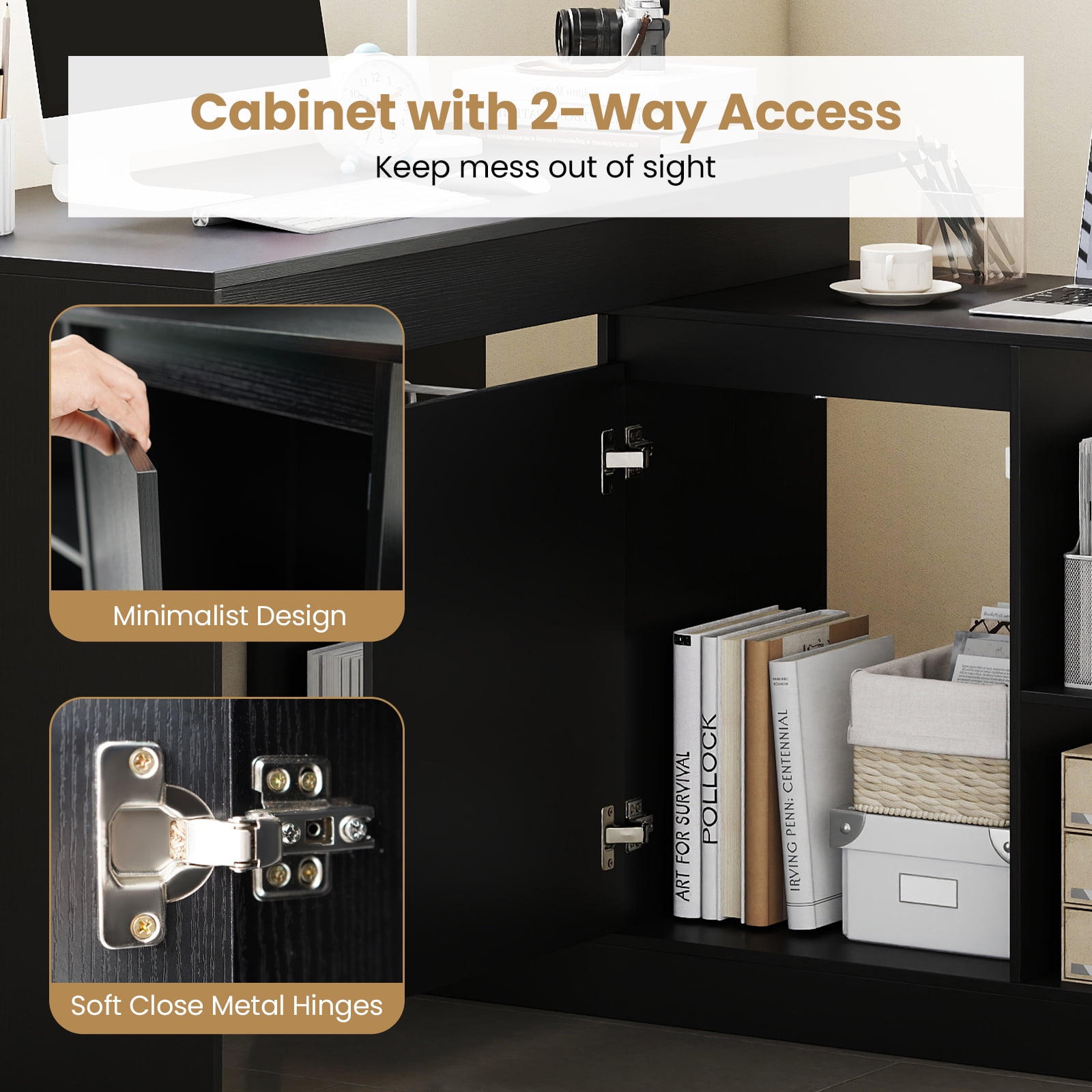 Gymax 48'' Reversible L-shaped Computer Desk w/2 Doors 4 Open Storage Cubes for Office Black