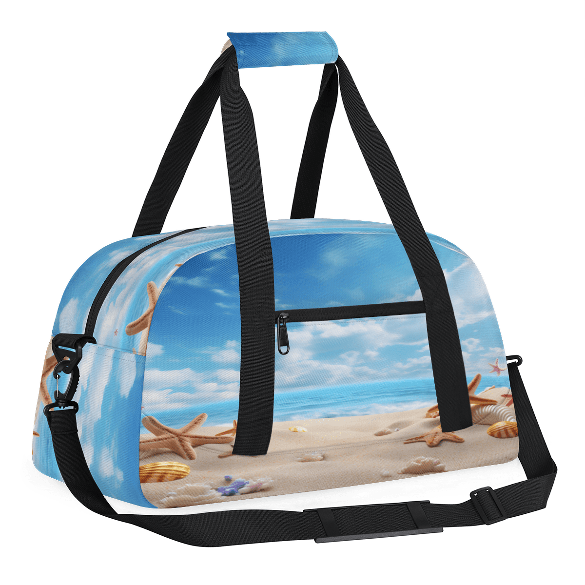 Herdesigns Ocean Beach Seashell Starfish Sports Duffle Bag for Women & Men, Nautical Coastal Gym Bag Dance Bag Overnight Bag Carry On Weekender Travel Bag