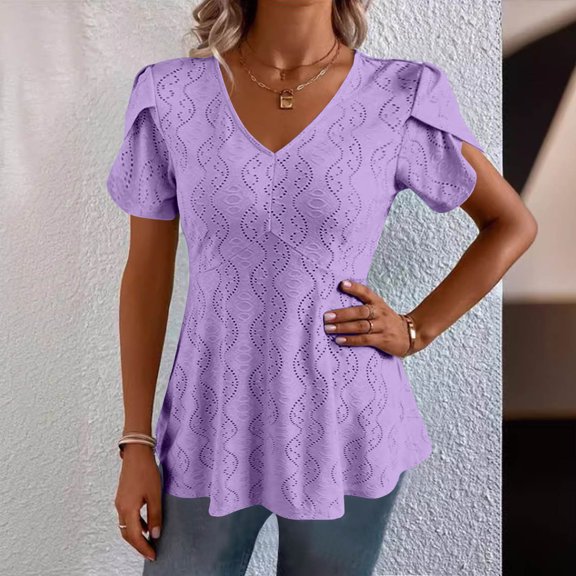 CLOISE Cute Short Sleeve Tops for Women Plus Size Shirts V Neck Casual Pullover Solid Color Summer Blouses Purple
