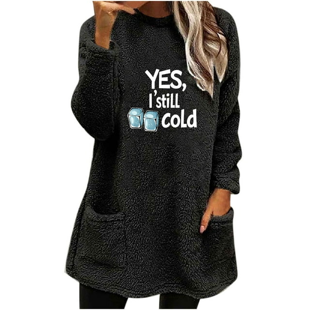 Enjoytime Chandails Mignons pour Femmes Imprimé Col Rond Manches Longues Chandail Molletonné Décontracté Hiver Mode Grande Taille Vêtements pour Femmes Noir G
