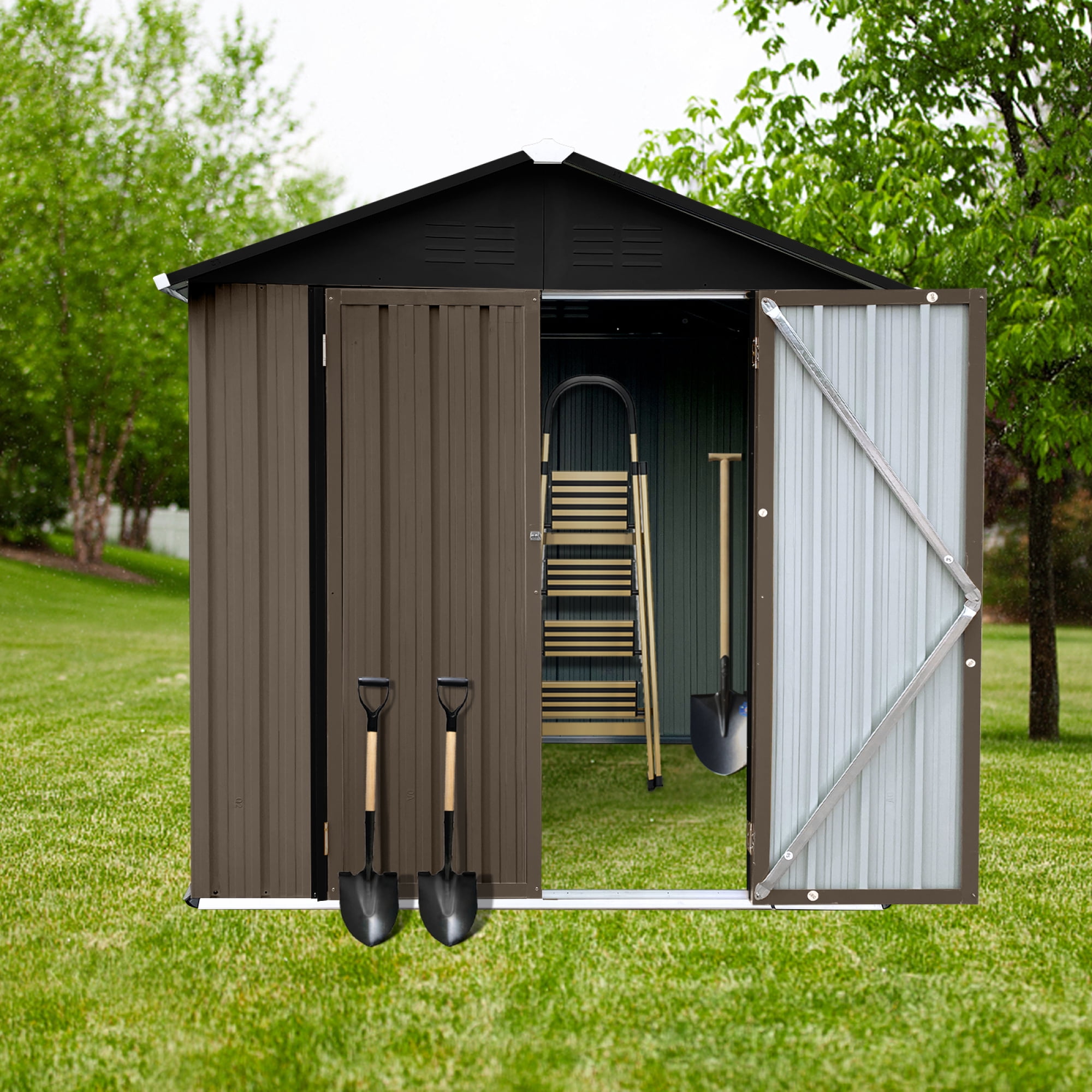 Outdoor Storage Garden Sheds 6FTx4FT Apex Roof Lockable Doors for Backyard White+Yellow
