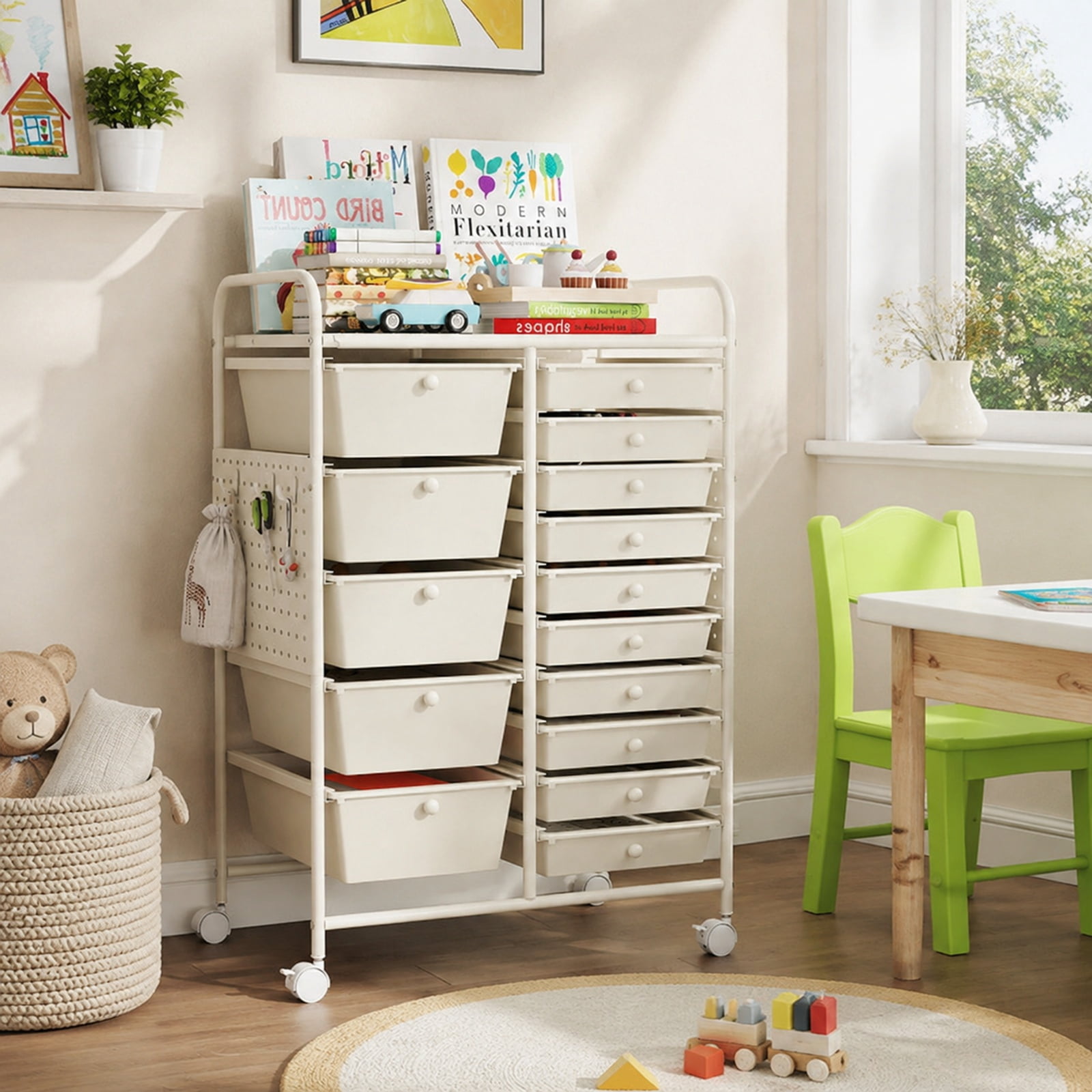 Furnibear 15 Drawer Rolling Storage Cart with Metal Tabletop Pegboard and Locking Wheels for Kitchen Office and Classroom Organizing, White