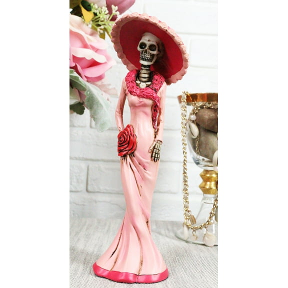 Ebros DOD Skeleton Lady Rosa with Pink and Red Cocktail Gown Figurine 8.25" Tall