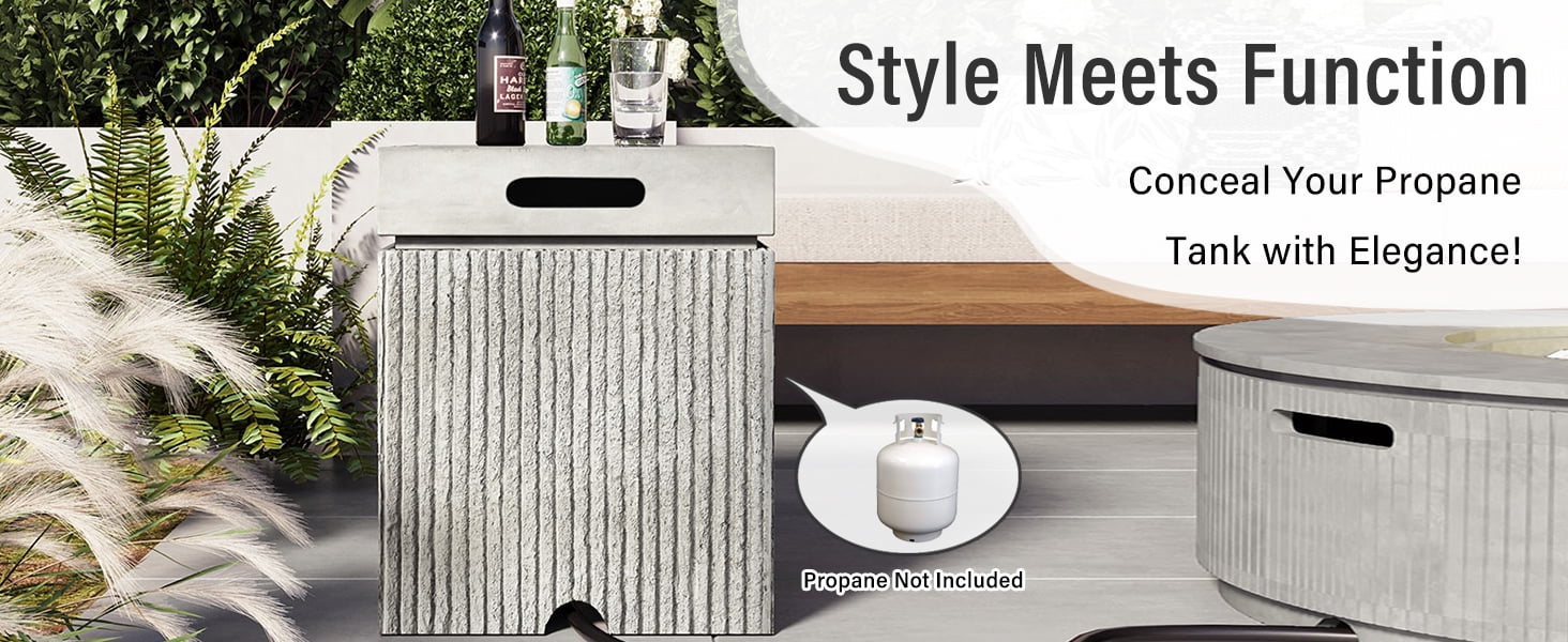 Mintazer 15.75" Outdoor Propane Tank Cover Table with Side Handles & Protective Cover, Side Table with Vertical Fluted Texture for Fire Pit Patio Backyard, No Assembly Needed, Gray