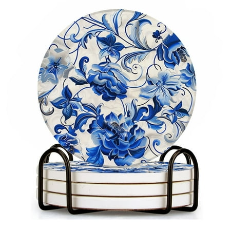 

BaHomeck Drink Coasters Set of 4 with Holder Blue and white porcelain-inspired floral pattern (2) Water Absorbent Ceramic Coasters Tabletop Protection Suitable for Various Cup Home Decor