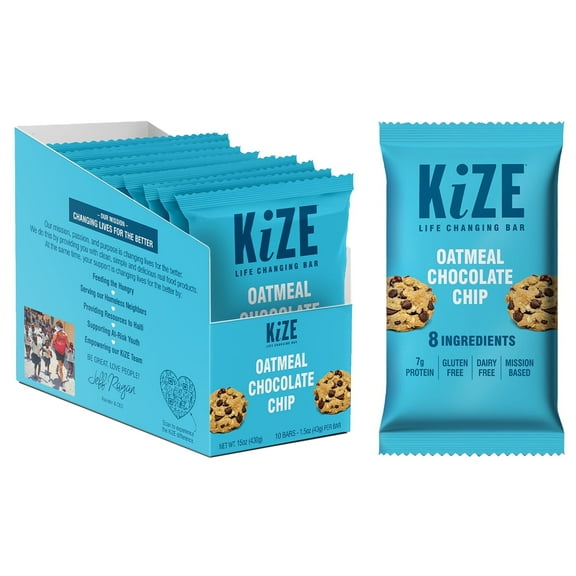 KiZE Energy Bar, Oatmeal Chocolate Chip, 8 Clean & Simple Real Food Ingredients, 7g Protein, Gluten Free, Non-GMO, Soy Free, Mission Based, High Protein Snacks (10 Count)
