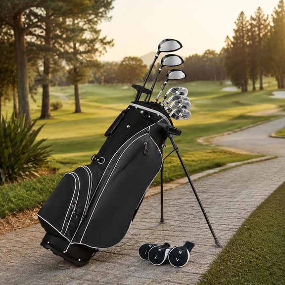 Men's Complete Golf Club Set, 10 Pieces, Black, Driver, Fairway Wood, Hybrid, Irons, Putter, Stand Bag