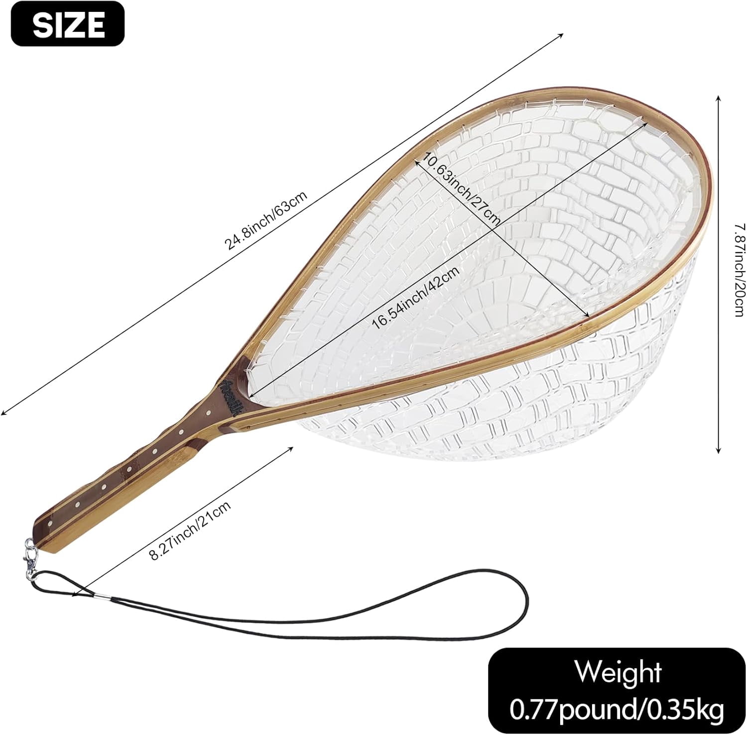 Fly Fishing Net Landing Net Wooden Net Soft Rubber Mesh Trout Net Freshwater Saltwater Fishing Net with Safety Cord Net Gifts for Father Men