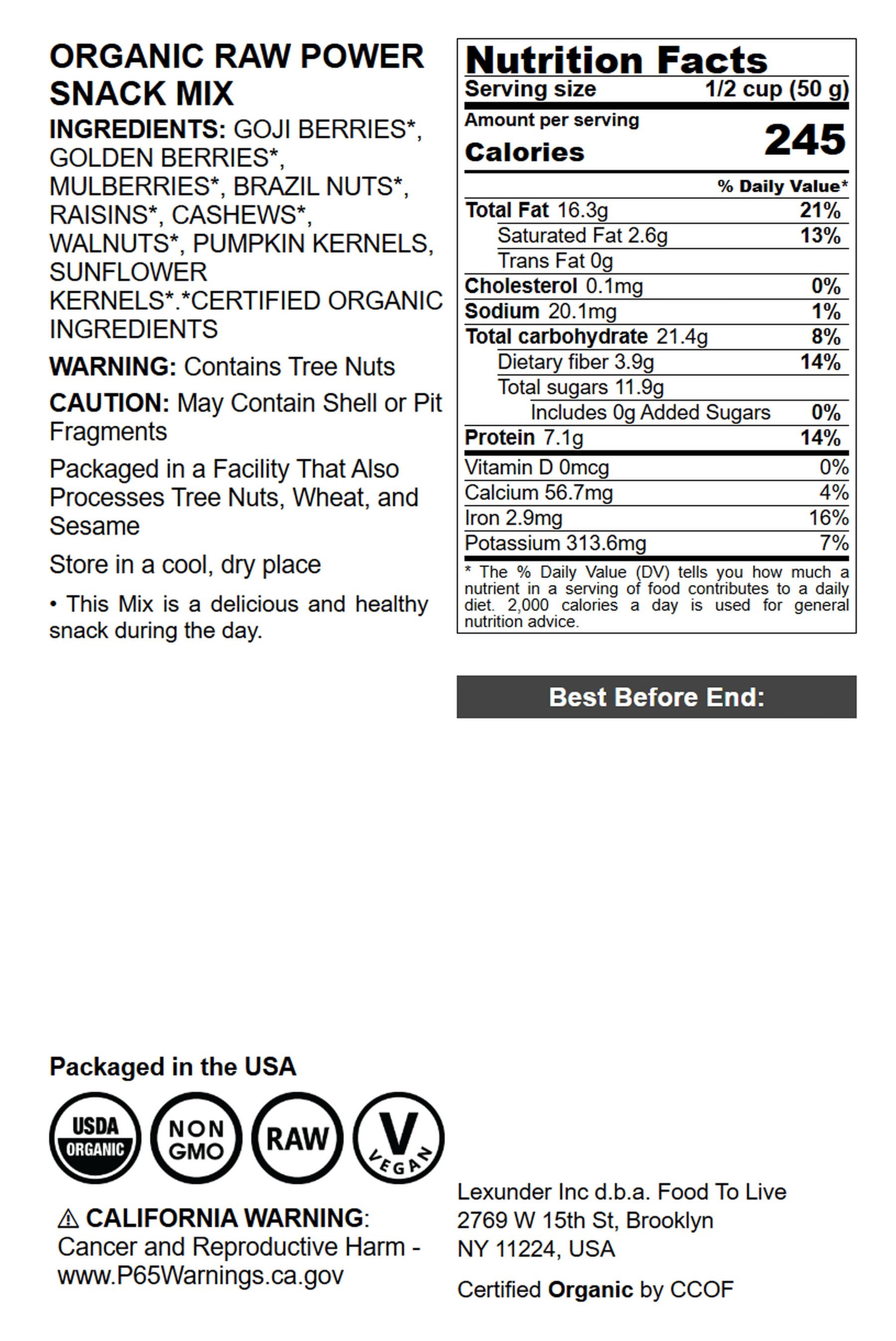 Organic Power Snack Mix, 2 Pounds — Raw and Non-GMO Trail Mix Contains Goji Berries, Golden Berries, Mulberries, Raisins, Brazil Nuts, Cashews, Walnuts, Pumpkin & Sunflower Seeds. Vegan, Kosher, Bulk