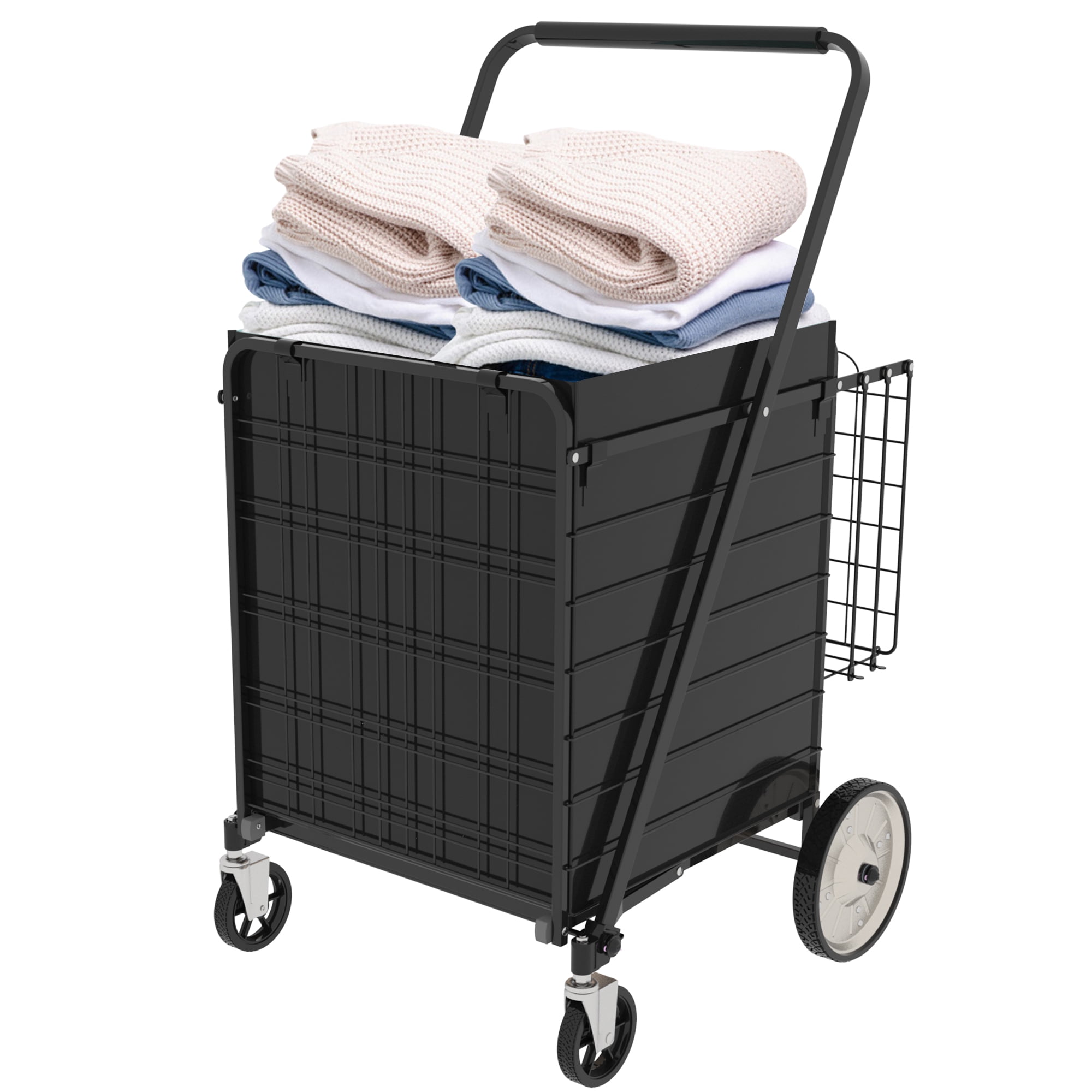 Shopping Cart,Grocery Cart on Wheels, Foldable Utility Shopping Carts with Double Basket and 360° Rolling Swivel Wheels for Groceries Laundry