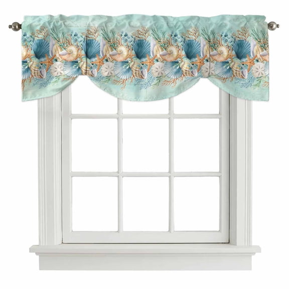 Tie Up Valances for Windows, Beach Coastal Teal Adjustable Valance Curtains Window Treatment for Living Room, Nautical Shell Starfish Coral Summer Rod Pocket Kitchen Curtains & Drapes 60x18 Inch