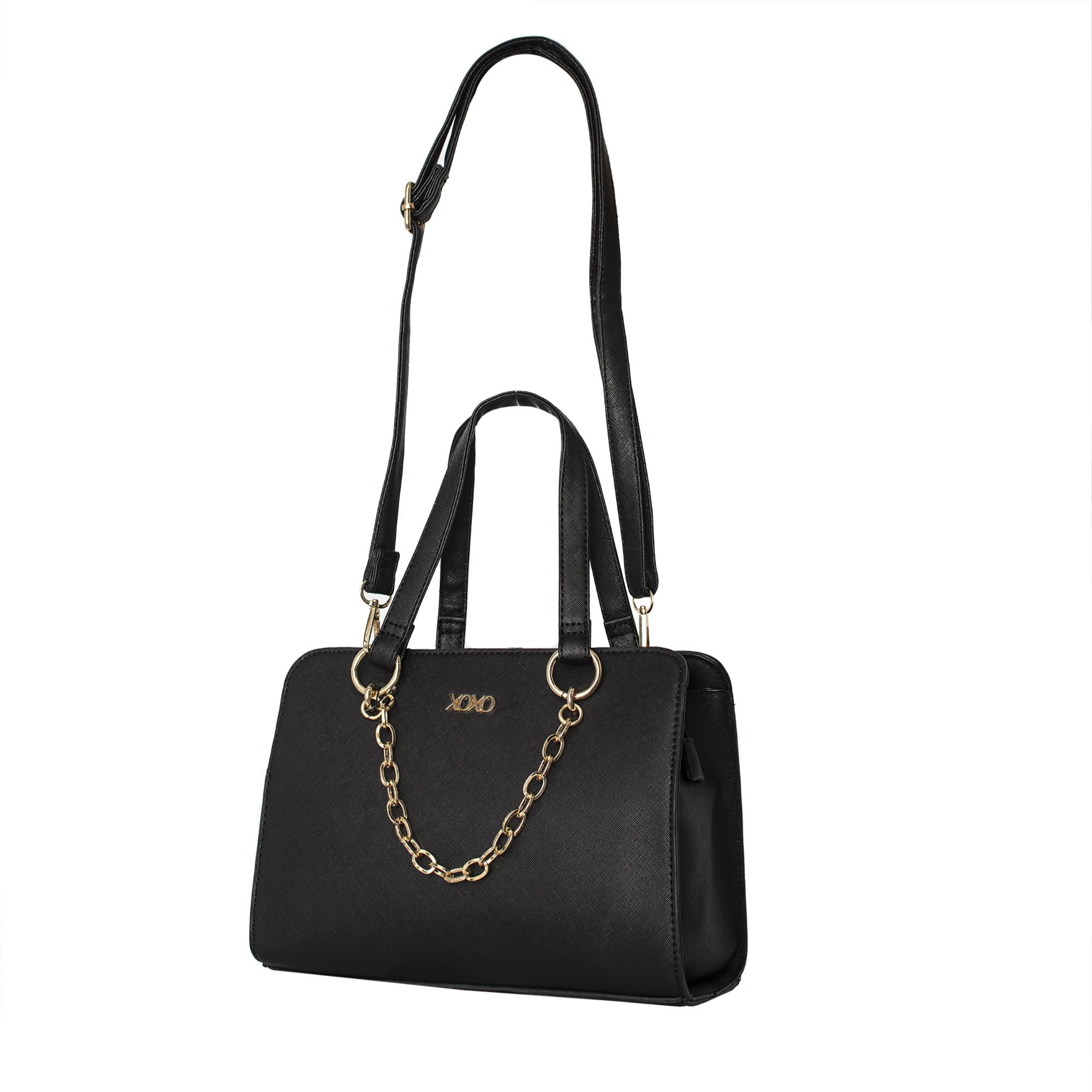 XOXO Women's Vegan Leather Large Black Double Handle Everyday Satchel with Chain