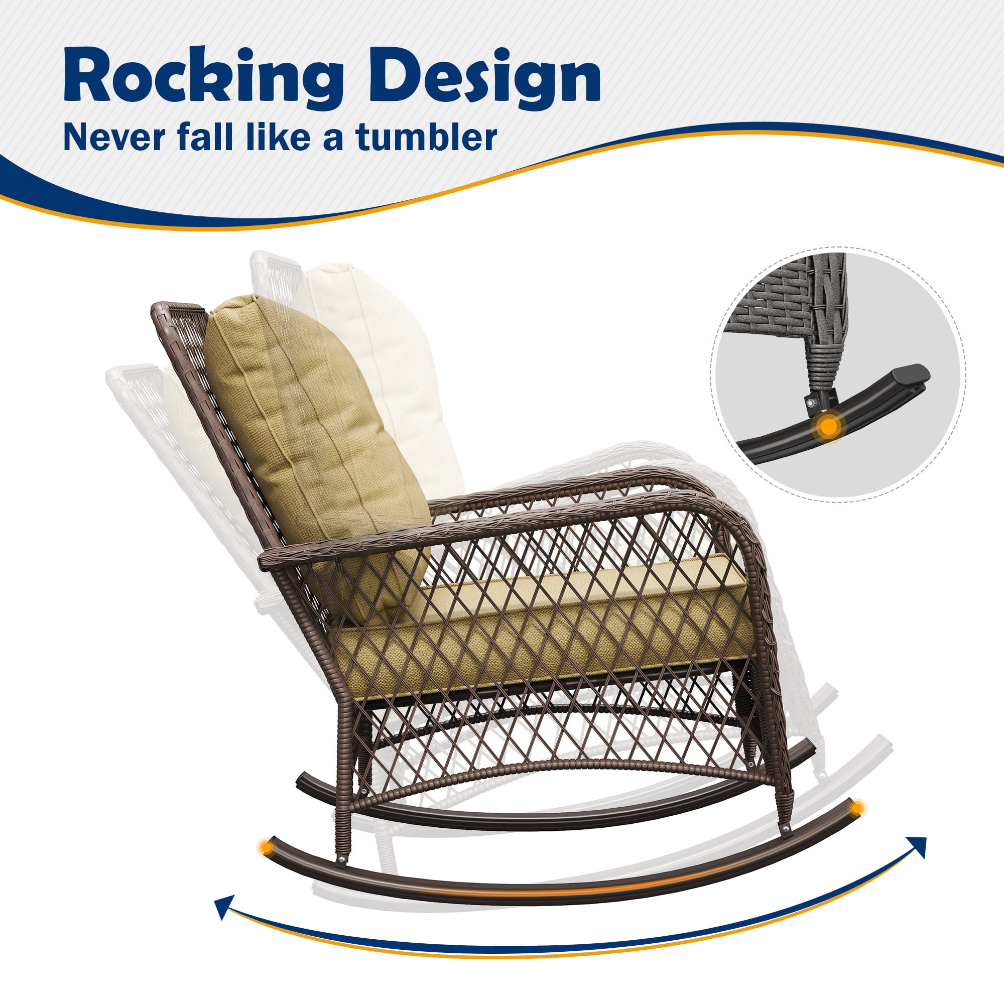 ELPOSUN 3-Piece Outdoor Rocking Chairs, Wicker Patio Furniture with Thickened Cushions and Table for Porch