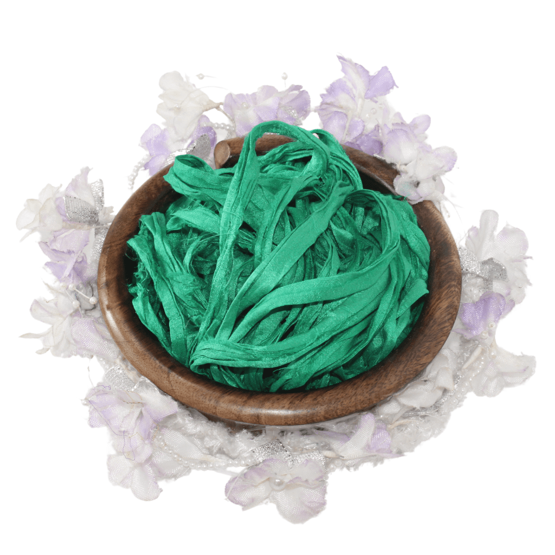 Knitsilk Recycled Sari Silk Ribbon Yarn|Best for Crochet, Knitting, and Embroidery |Sustainable and Unique|50 GMS-30Yards-Green|Pack of 3