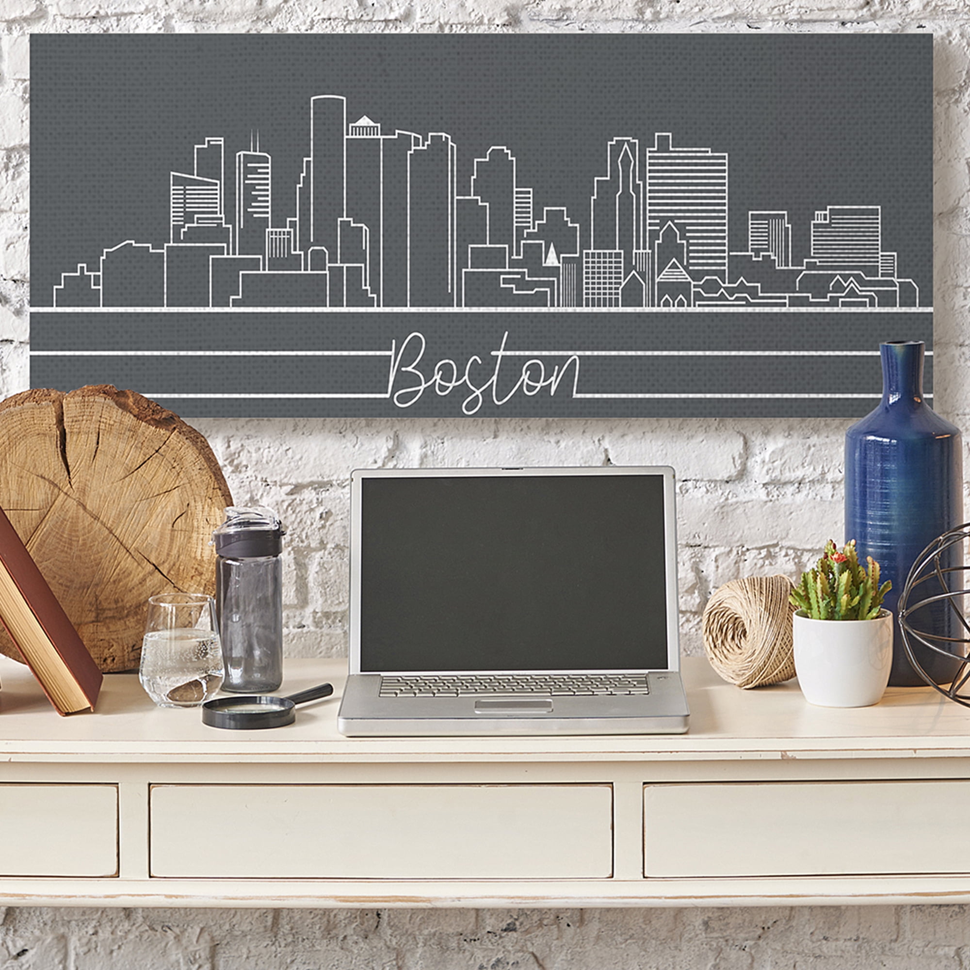Stupell Industries Boston City Skyline Minimal Retro Linework Town & City Painting Gallery Wrapped Canvas Art Print Wall Art, 20 x 48