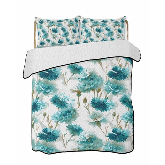 Twin XL Quilt Bedding Set, Teal Green Floral Reversible Summer Quilt 3 Pieces, Vintage Cornflower Leaves Rustic Plants Lightweight Bedspreads Coverlets with 2 Pillow Shams for All Seasons