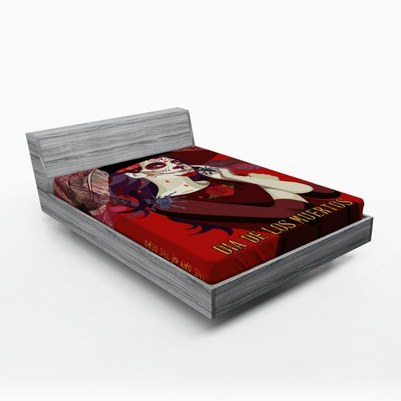 Ambesonne Skull Fitted Sheet, Dead Corpse Girl, Queen Size, Maroon Ruby and Burgundy