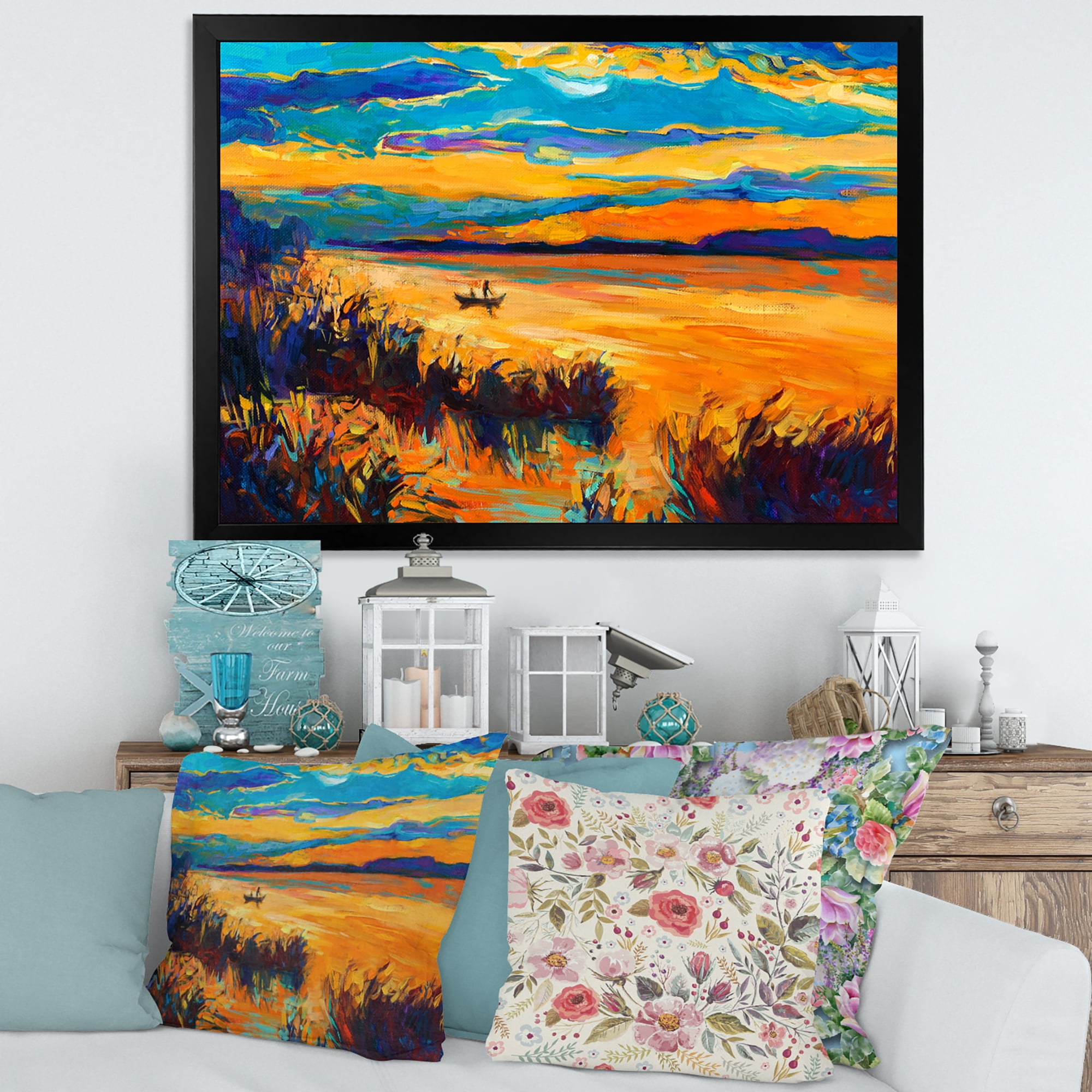 Little Boat At The Horizon Of A Lake During Evening Glow 20 in x 12 in Framed Painting Canvas Art Print, by Designart