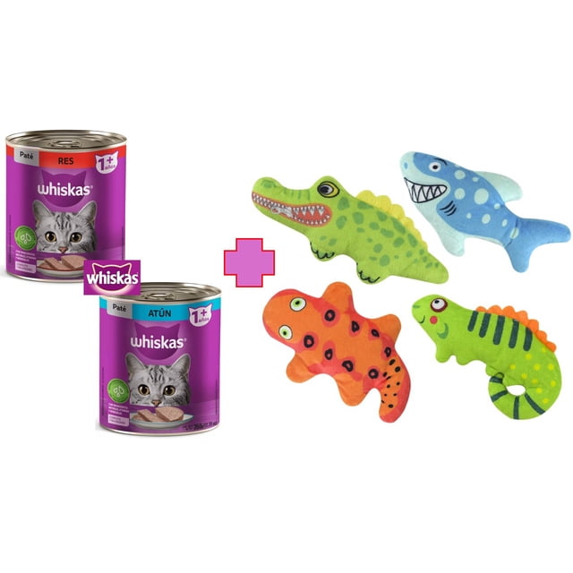 Paquete de 8 latas whiskas pate res y atun humedo 350 gr + 1 juguete con sonido Fancy pets