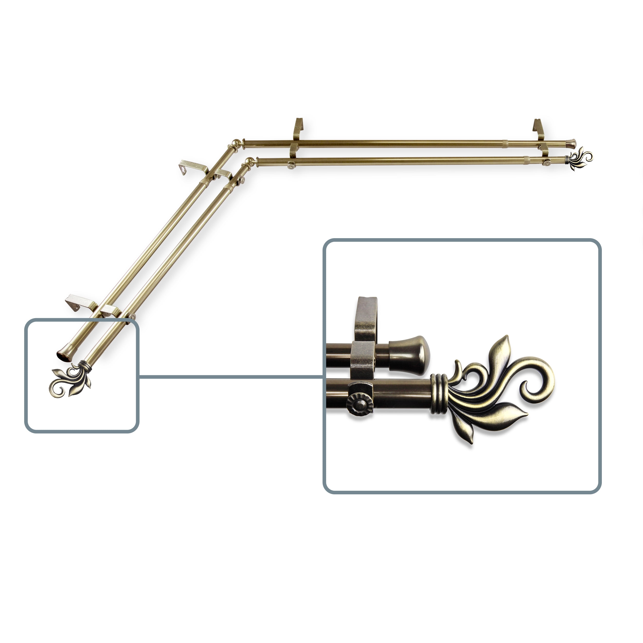 Giles 13/16 inch Double Corner Window Curtain Rod 120-170" - Antique Brass
