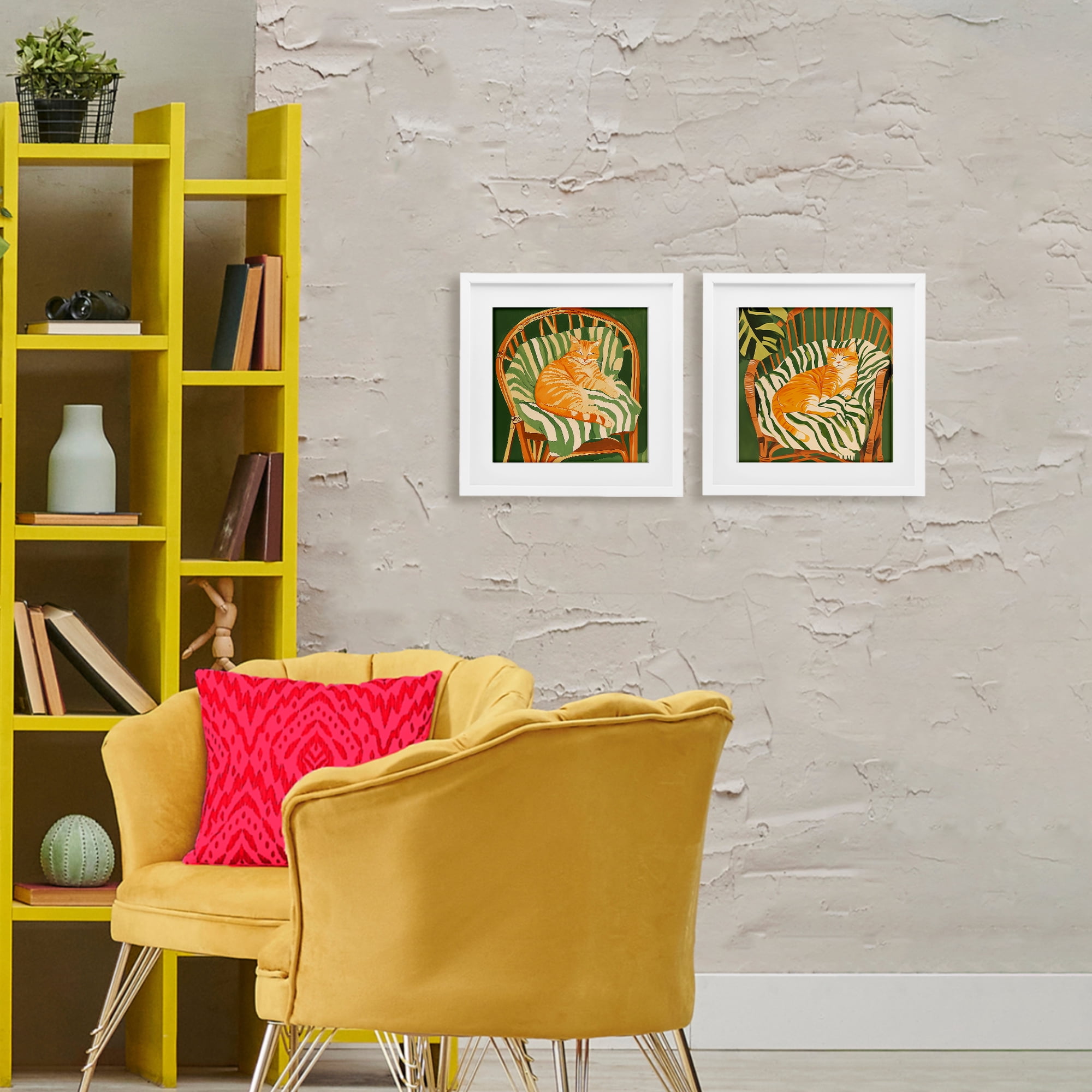 Stupell Industries Cozy Cats in Rattan Chairs 2 Piece White Framed Print Under Glass Set, design by Walker Noble