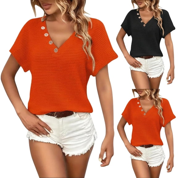 RongHuan Women's Knit Tops V Neck Button Up Blouse Casual Short Sleeve Henley Shirt Lightweight Soft Solid Color Tee