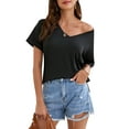 thumbnail image 4 of SAYFUT Womens Junior's Tops Rolled Short Sleeve T-shirts V Neck Tunic Tops Side Split Casual T-Shirt Plus Size S-3XL, Black/White/Green, 4 of 8