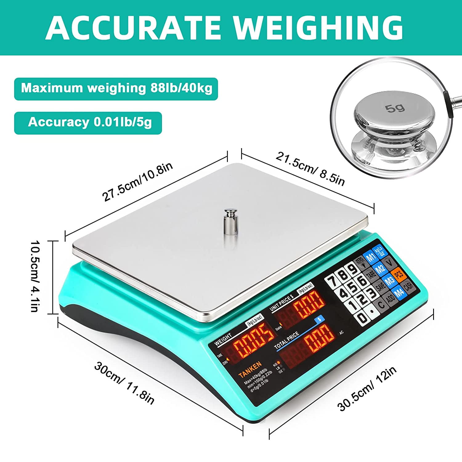 Price Computing Scale, Digital Food Commercial Scale, 88lb / 40kg Electronic Counting Scale with Green LCD Backlight for Farmers' Markets, Retail