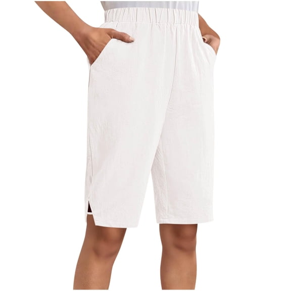 Cotton Linen Shorts for Women Knee Length Bermuda Shorts Casual Wide Leg Elastic Waist Summer Beach Shorts with Pockets