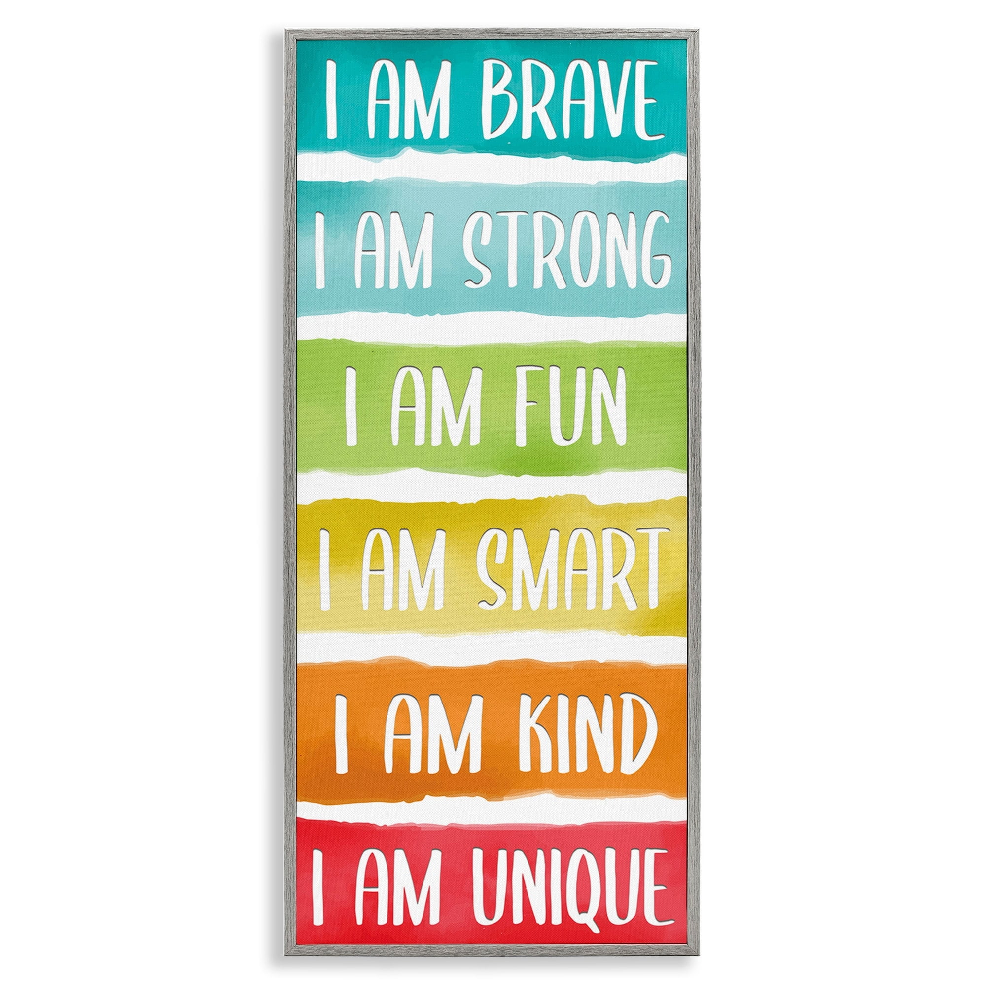 Stupell Industries I'm Brave Strong Fun Inspirational Phrases Rainbow Stripes Inspirational Painting Gray Framed Art Print Wall Art, 13 x 30