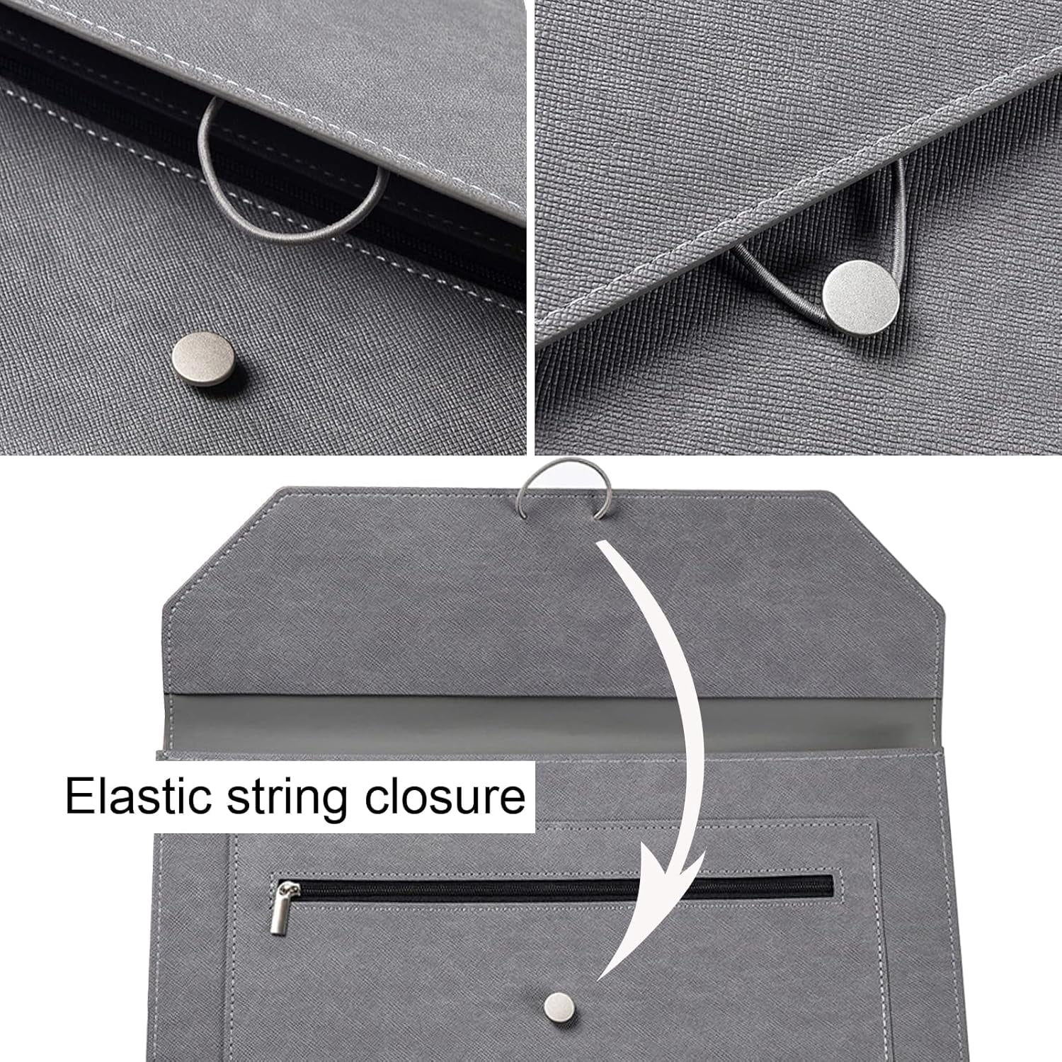 PU Leather A4 File Folder 2 Pockets Portfolio Envelope with Elastic String 3/4 Inch Expansion，Gray