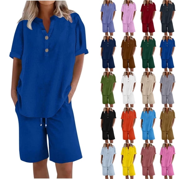 Linen Short Sets for Women 2 Piece Outfits Short Sleeve Button V Neck Shirts and Bermuda Short Sets Vacation Clothes Blue L