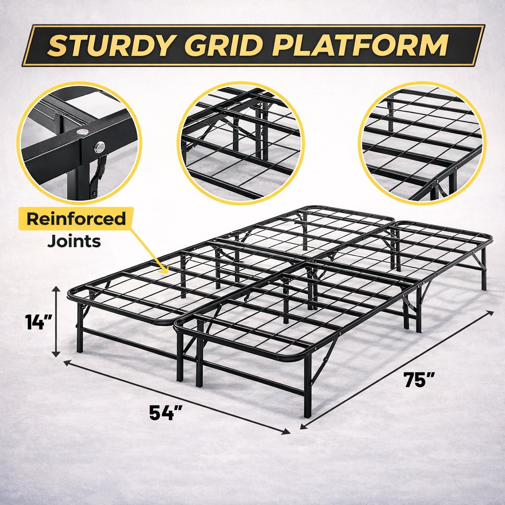 Continental Sleep, 14-Inch Foldable Metal Platform Bed Frame with Tool Free Setup, Sturdy Steel, No Box Spring Needed, Full, Black