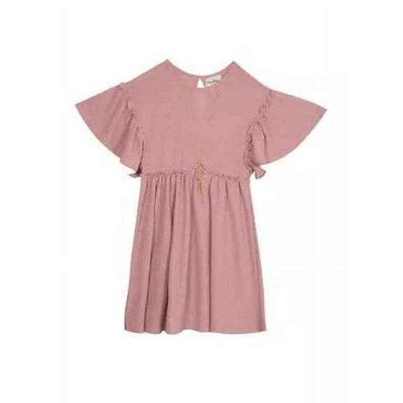 Rare Editions Girls Rib Knit Flutter Sleeve Babydoll Dress, Blush, Size 12