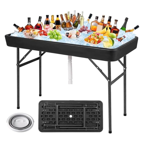 Folding Ice Cooler Table, 47.5" Portable Buffet Server with Drain, Black - Party, Picnic, Camping Beverage Cooler