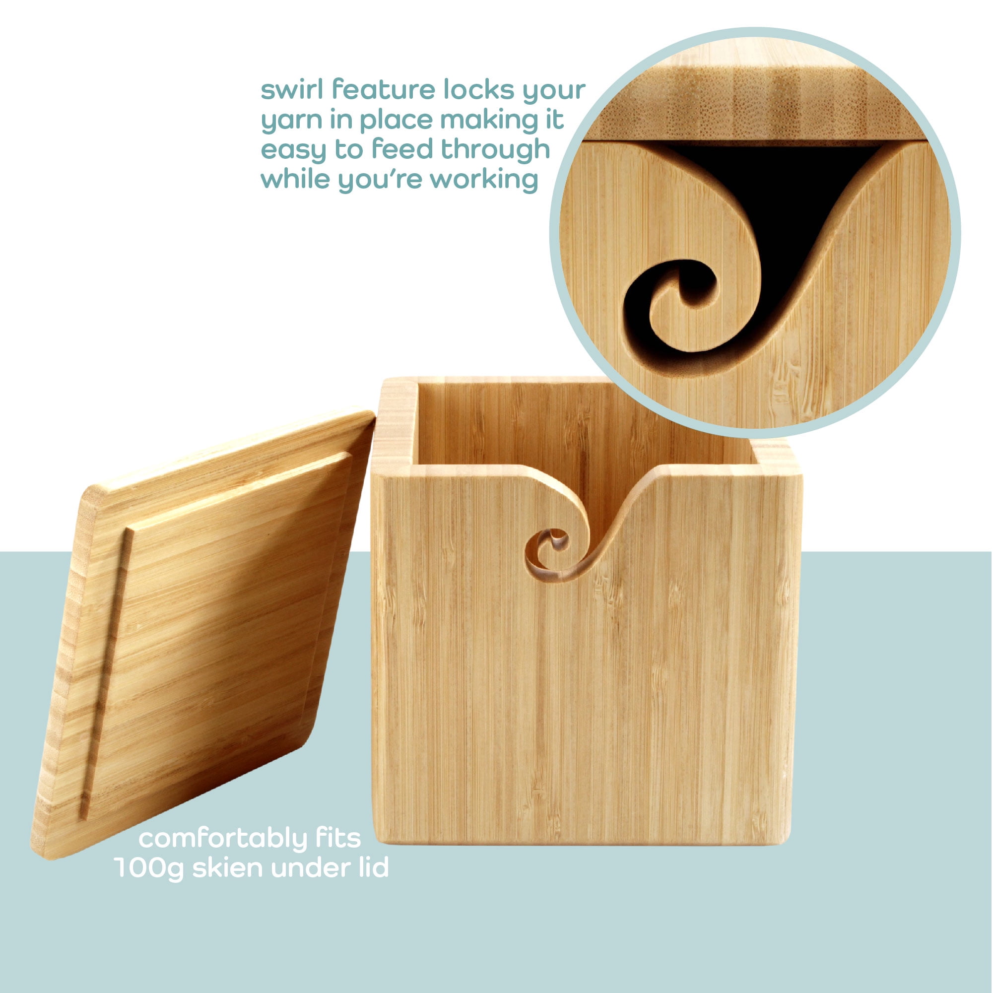 BambooMN Brand - Bamboo Yarn Bowl with Removable Lid -Yarn Holder for Knitting and Crochet - Natural Box