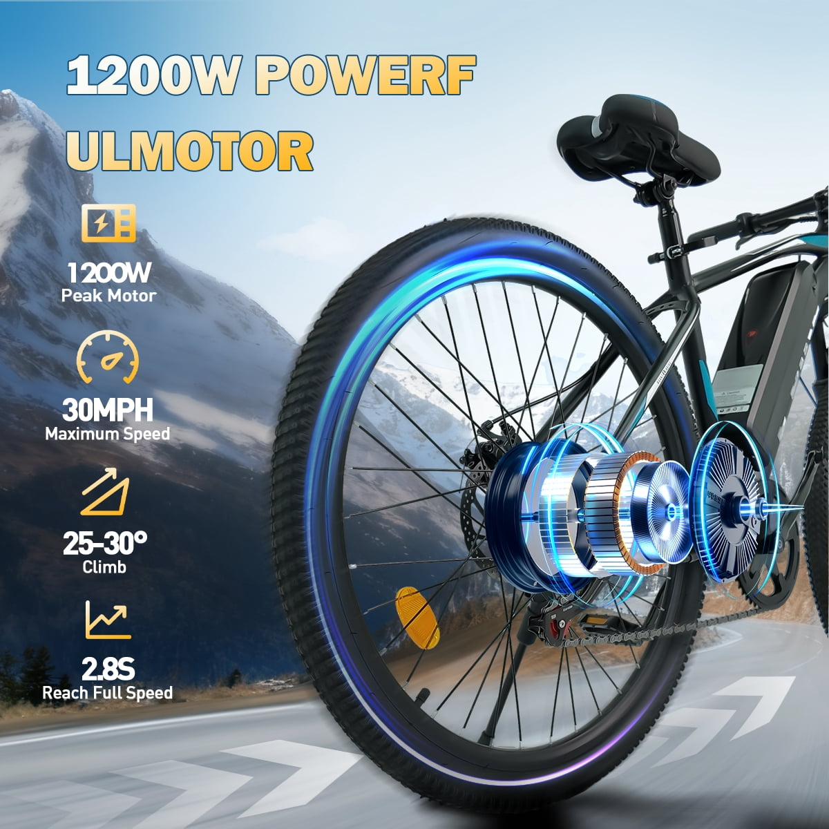 Setohet 26" Electric Bike for Adults, ebike 1200W Peak Power Motor, 45Miles 25MPH 432Wh Battery,7-Speed, UL 2849
