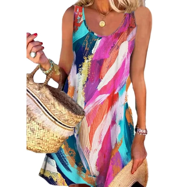 MAWCLOS Robes Évasées pour Femmes Robe Midi à Col Rond Caftan à Blocs de Couleur Été Sans Manches Rose m