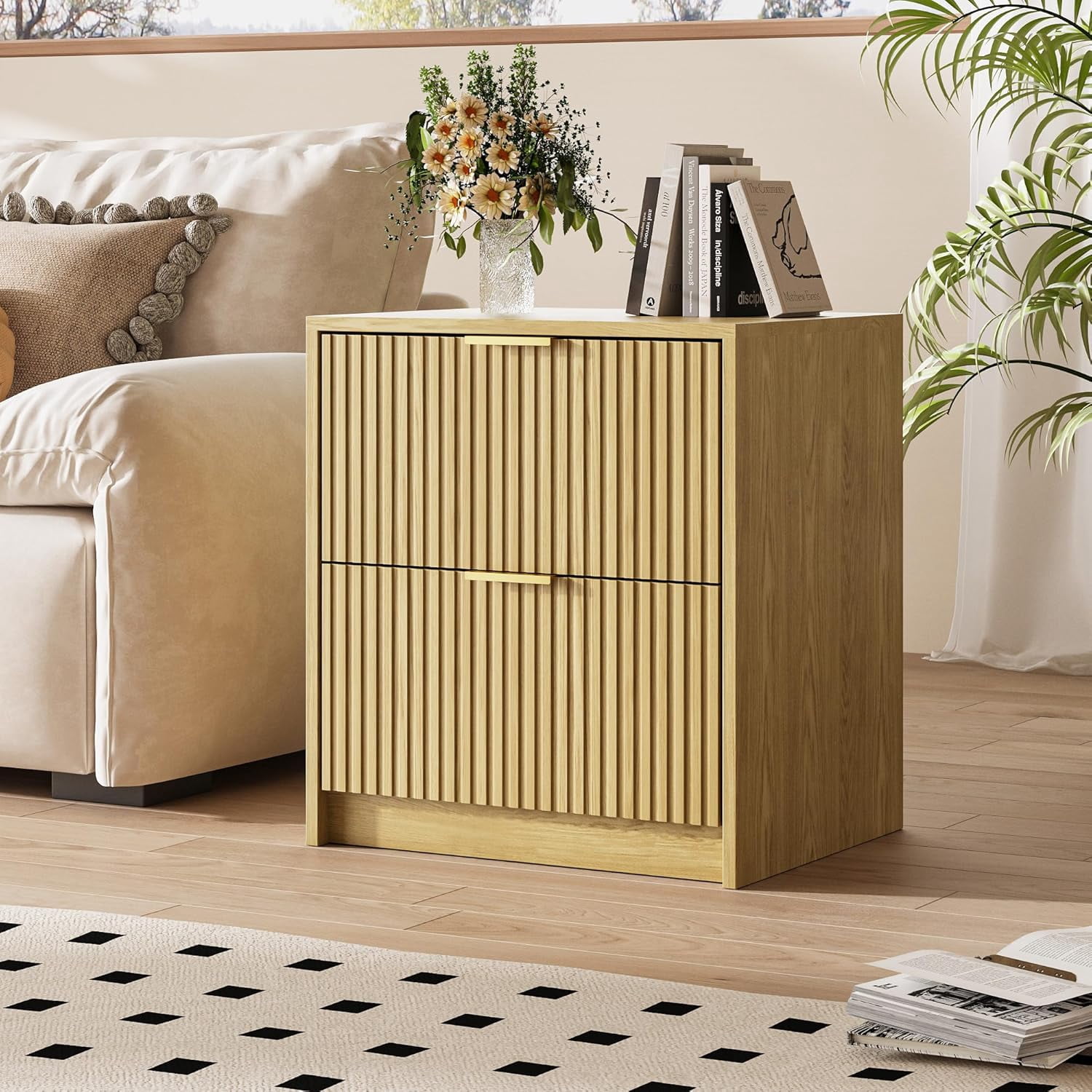 FURNIWAY Set of 2 Fluted Nightstand with 2 Drawers, Modern Storage Bedside Table with Golden Metal Handles, Wooden End Table for Bedroom, Living Room,Nature Oak