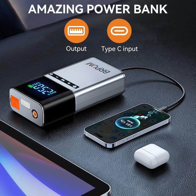 BRPOM Portable Car Jump Starter with Air Compressor, 12V Battery pack for Gas/Diesel Engines, 7500A High Power, Digital Display, LED Lights, USB Type-C Charging, Rechargeable Lithium Polymer Battery