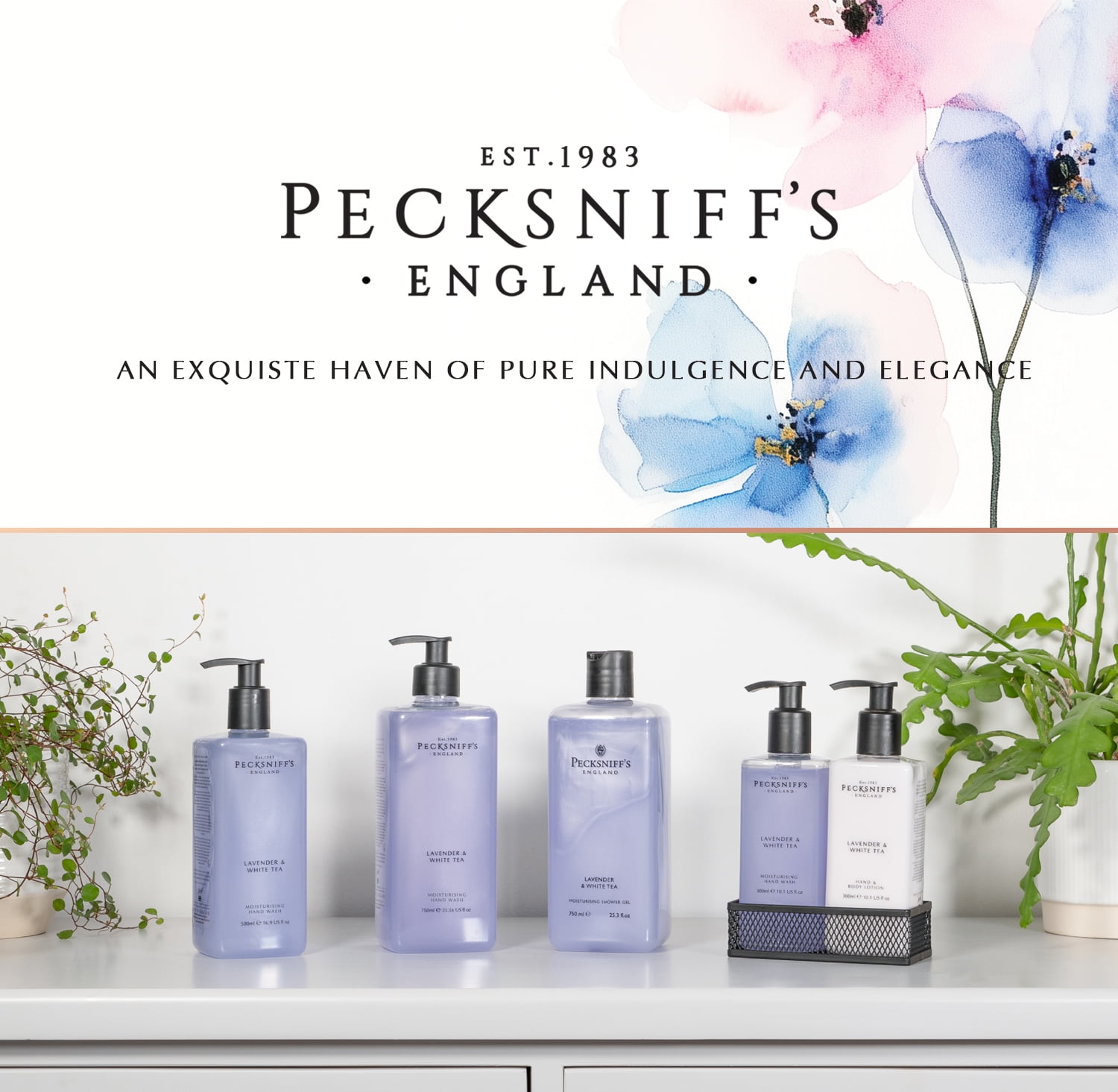 Pecksniffs Lavender & White Tea Moisturizing Hand Wash and Hand Lotion in a Black Mesh Caddy | 300ml/10.14 Fl oz