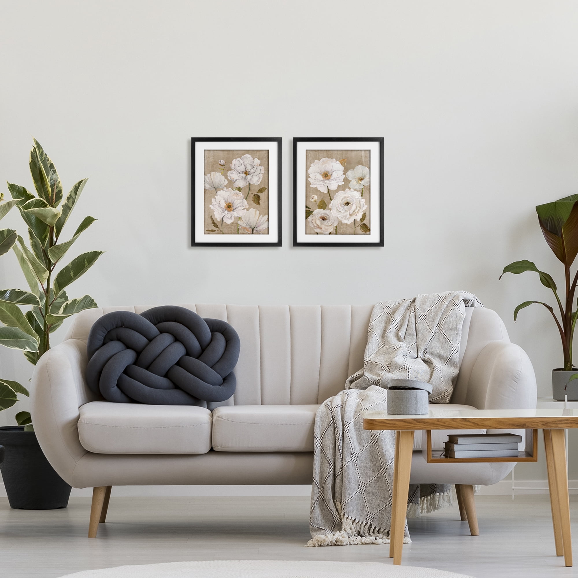 Stupell Industries White Blooms over Neutral 2 Piece Black Framed Print Under Glass Set, design by Carol Robinson